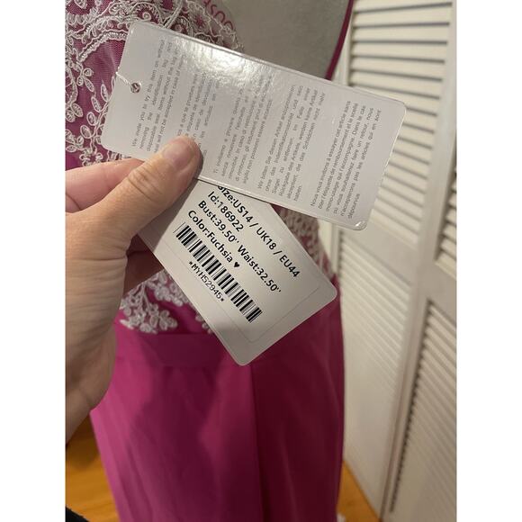 JJ's House Lace Train Covered Buttons Column Sweetheart Hot Pink Gown 14 NWT - Picture 7 of 10